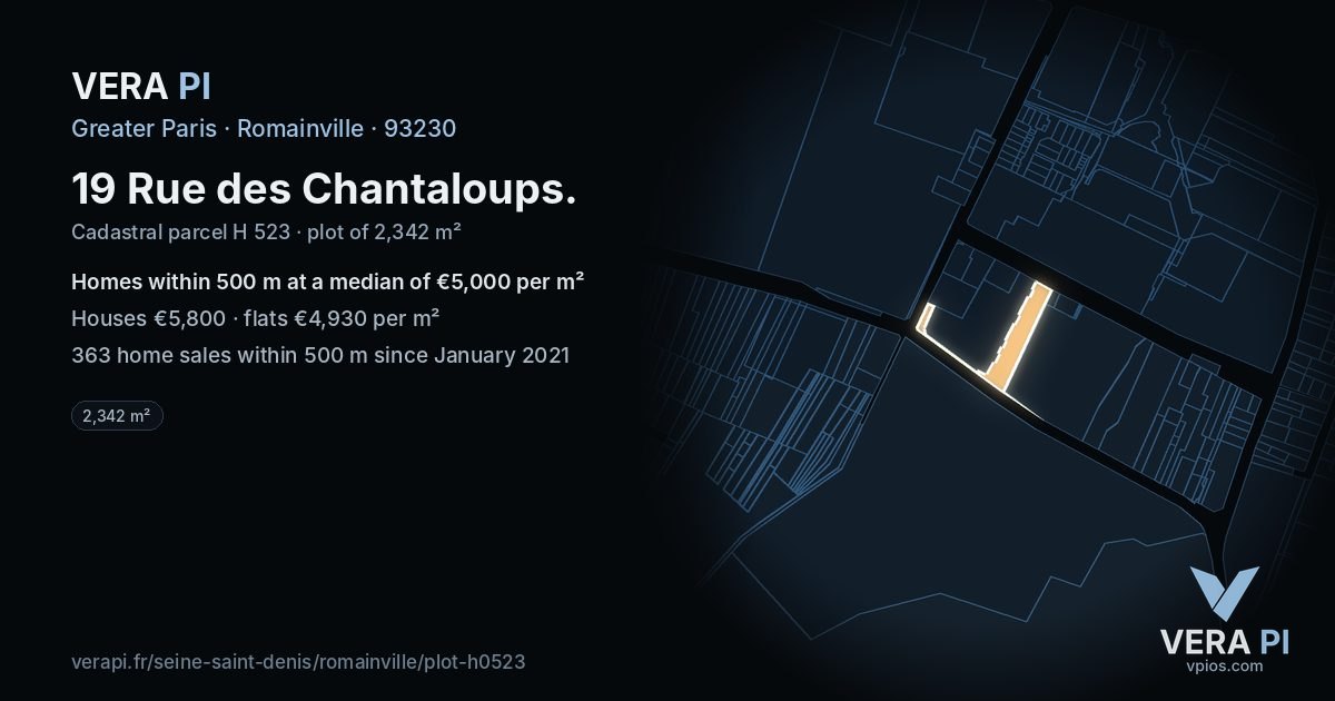 19 Rue des Chantaloups, Romainville at night – the plot lit, the parcels around coloured by the prices near them