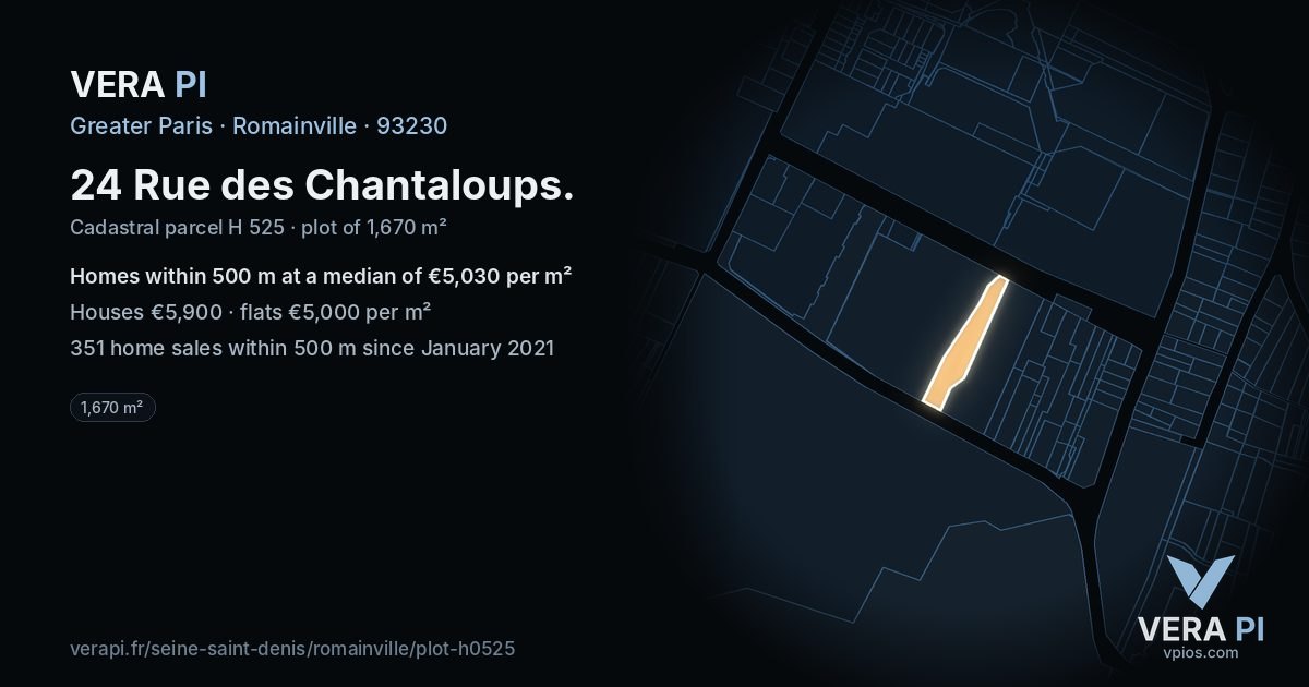 24 Rue des Chantaloups, Romainville at night – the plot lit, the parcels around coloured by the prices near them