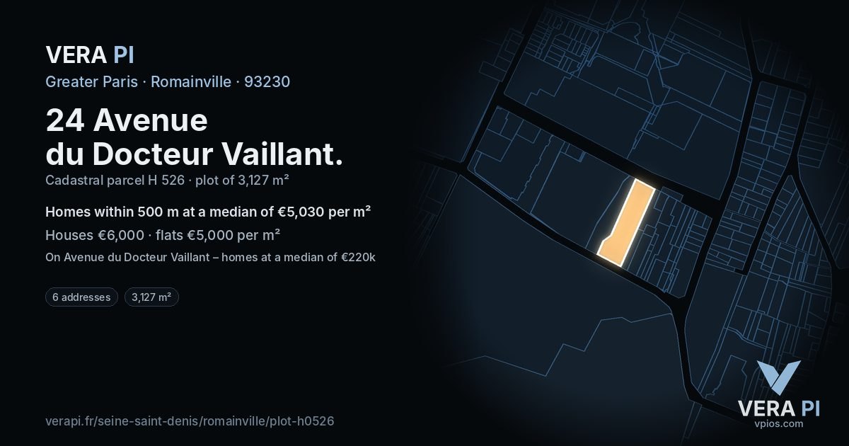 24 Avenue du Docteur Vaillant, Romainville at night – the plot lit, the parcels around coloured by the prices near them