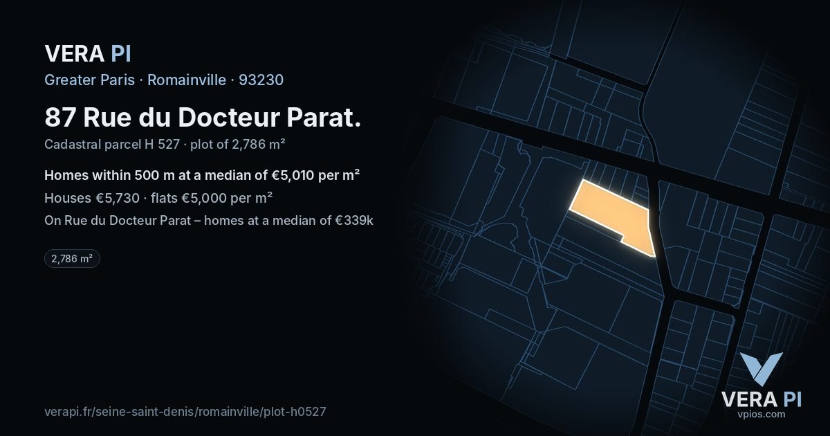 87 Rue du Docteur Parat, Romainville at night – the plot lit, the parcels around coloured by the prices near them