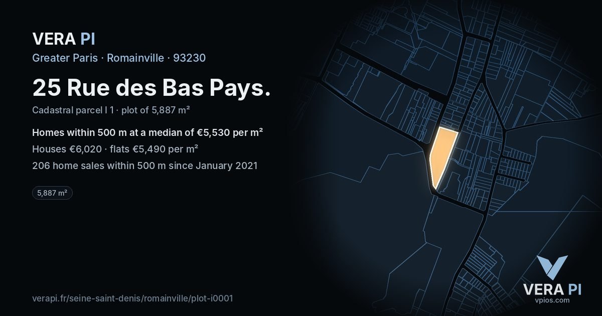 25 Rue des Bas Pays, Romainville at night – the plot lit, the parcels around coloured by the prices near them