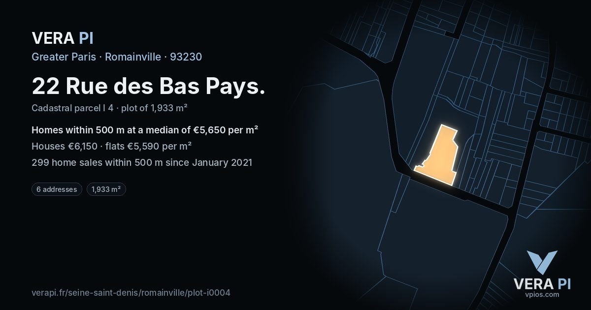 22 Rue des Bas Pays, Romainville at night – the plot lit, the parcels around coloured by the prices near them