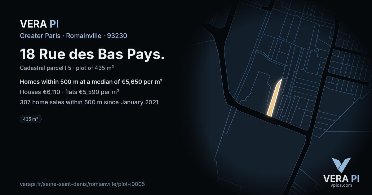 18 Rue des Bas Pays, Romainville at night – the plot lit, the parcels around coloured by the prices near them