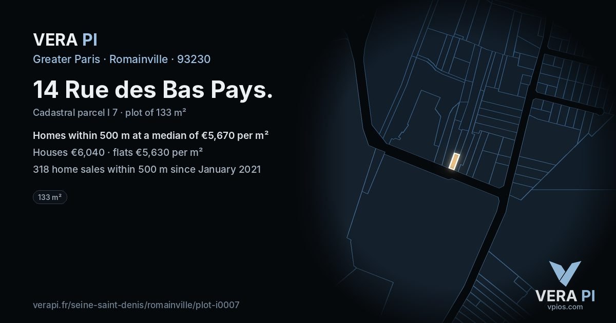 14 Rue des Bas Pays, Romainville at night – the plot lit, the parcels around coloured by the prices near them
