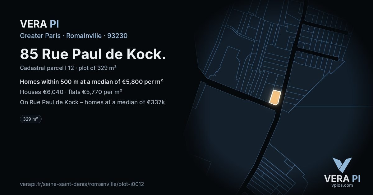 85 Rue Paul de Kock, Romainville at night – the plot lit, the parcels around coloured by the prices near them