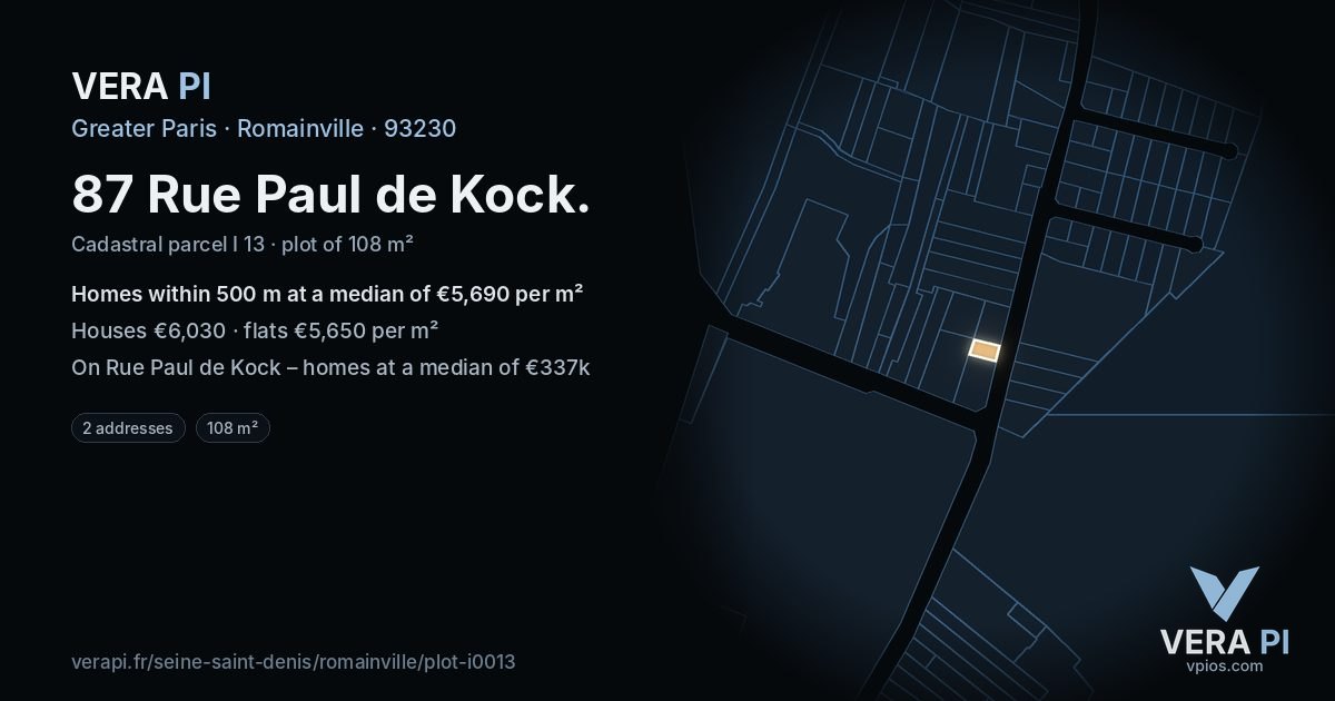 87 Rue Paul de Kock, Romainville at night – the plot lit, the parcels around coloured by the prices near them
