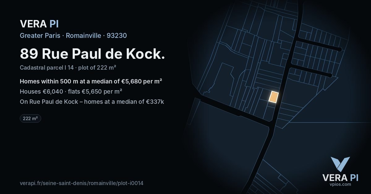 89 Rue Paul de Kock, Romainville at night – the plot lit, the parcels around coloured by the prices near them