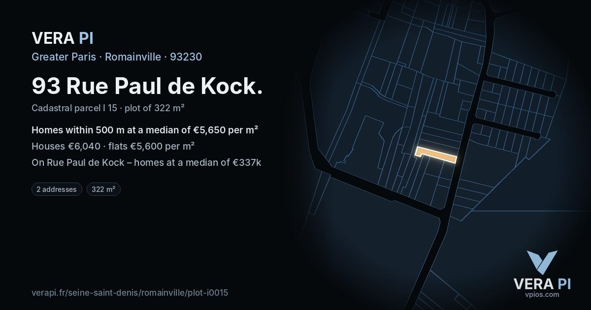 93 Rue Paul de Kock, Romainville at night – the plot lit, the parcels around coloured by the prices near them
