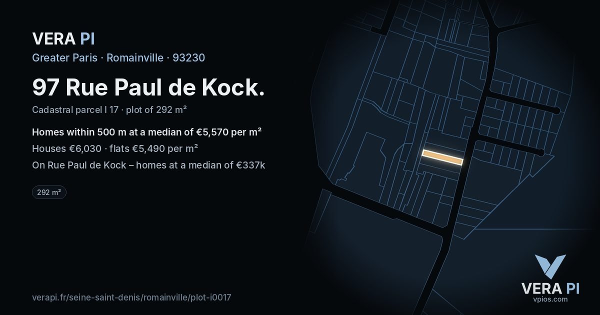 97 Rue Paul de Kock, Romainville at night – the plot lit, the parcels around coloured by the prices near them