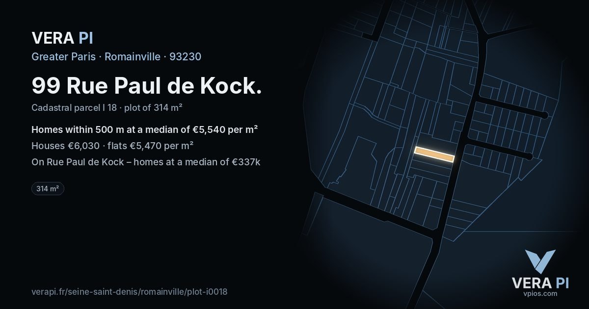 99 Rue Paul de Kock, Romainville at night – the plot lit, the parcels around coloured by the prices near them