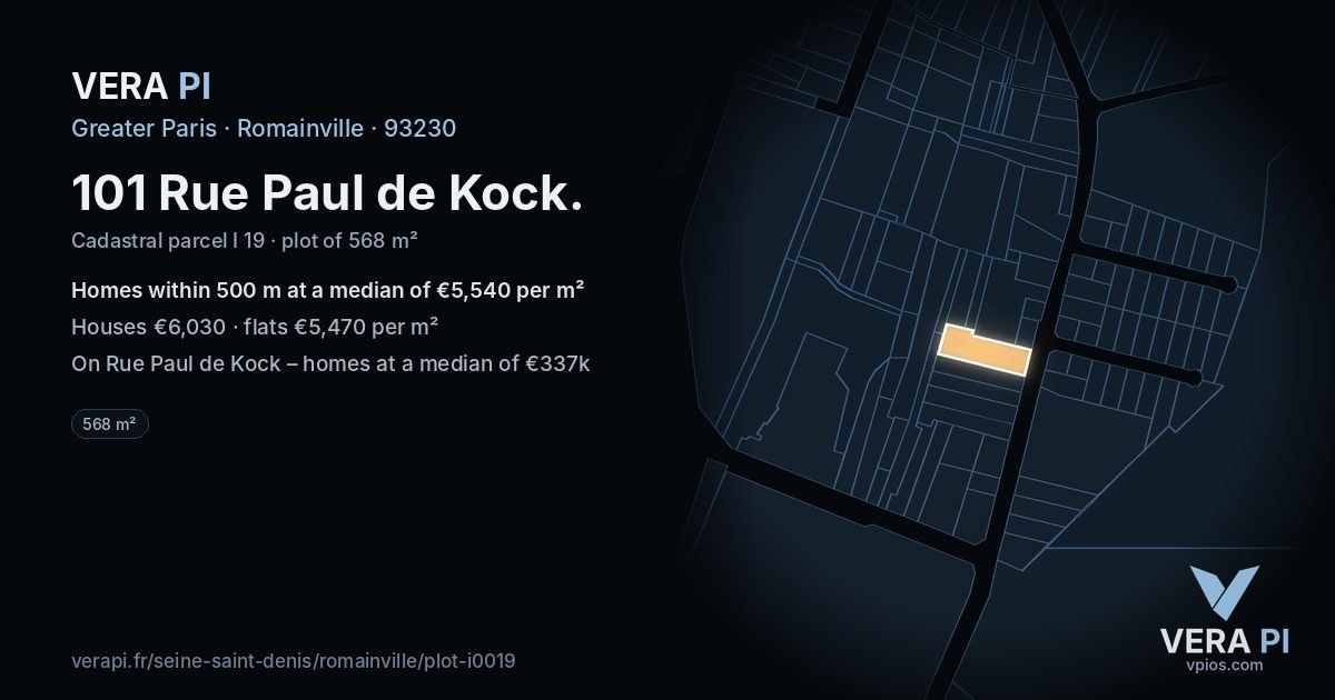 101 Rue Paul de Kock, Romainville at night – the plot lit, the parcels around coloured by the prices near them
