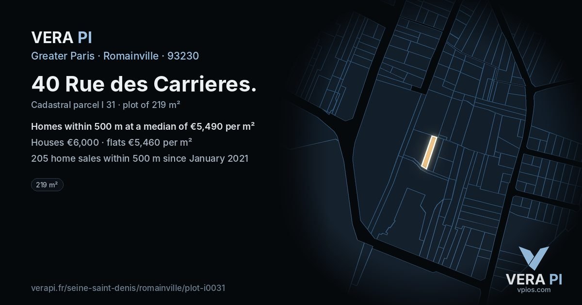 40 Rue des Carrieres, Romainville at night – the plot lit, the parcels around coloured by the prices near them