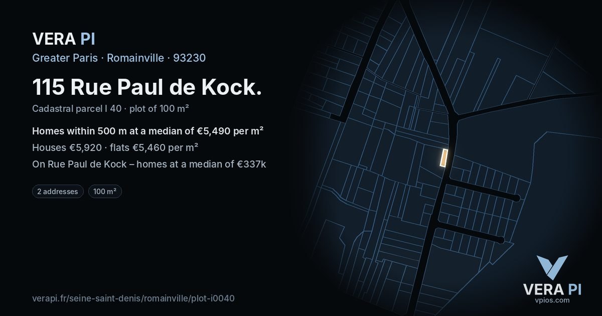115 Rue Paul de Kock, Romainville at night – the plot lit, the parcels around coloured by the prices near them
