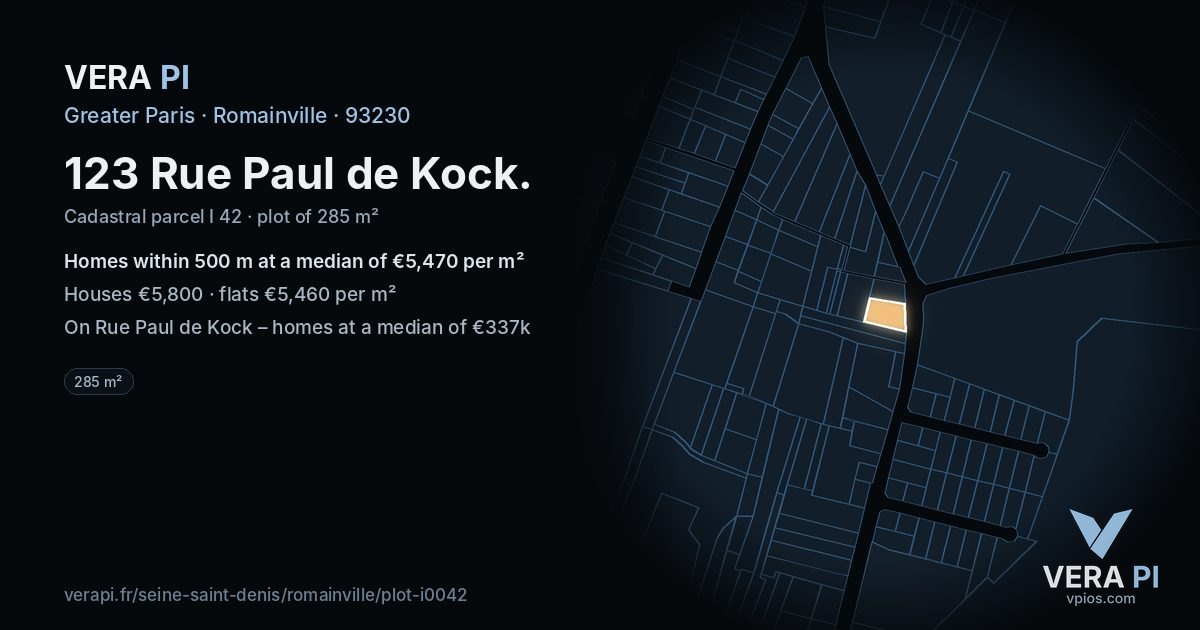 123 Rue Paul de Kock, Romainville at night – the plot lit, the parcels around coloured by the prices near them