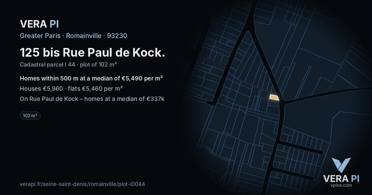 125 bis Rue Paul de Kock, Romainville at night – the plot lit, the parcels around coloured by the prices near them