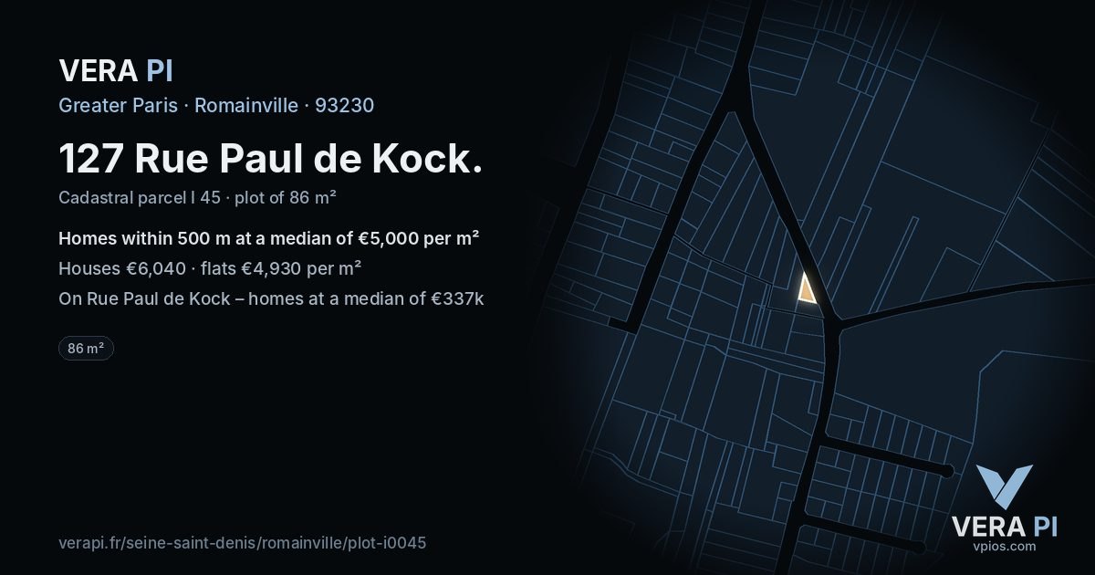 127 Rue Paul de Kock, Romainville at night – the plot lit, the parcels around coloured by the prices near them