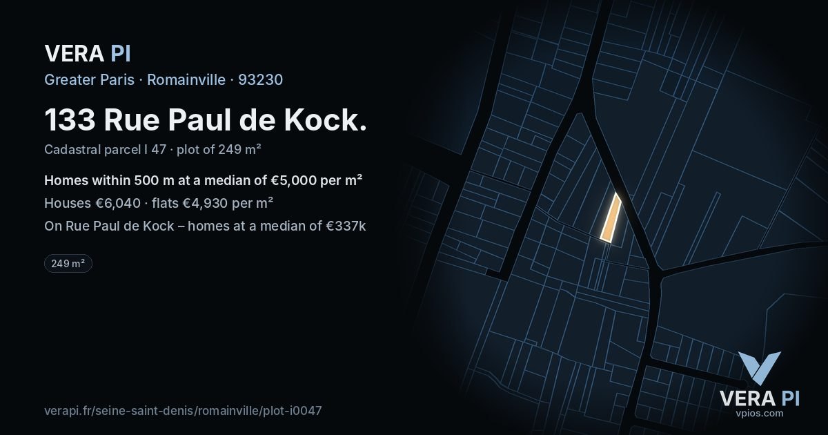 133 Rue Paul de Kock, Romainville at night – the plot lit, the parcels around coloured by the prices near them