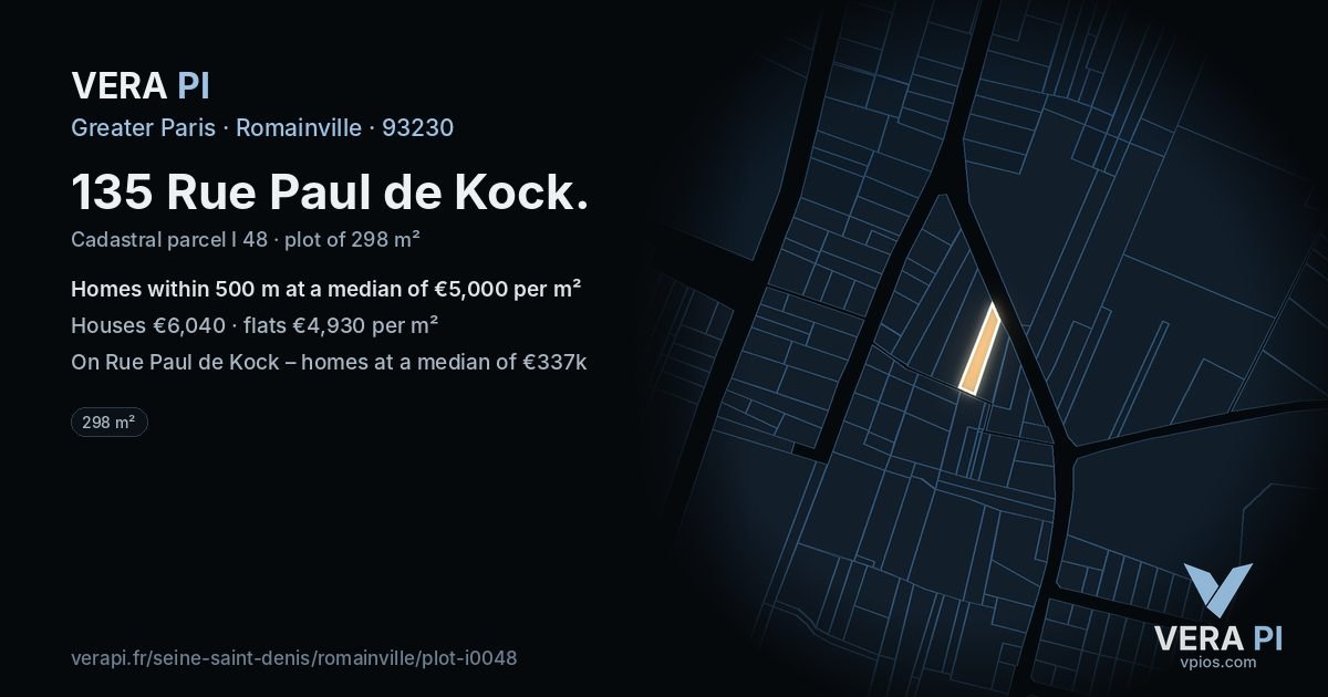 135 Rue Paul de Kock, Romainville at night – the plot lit, the parcels around coloured by the prices near them