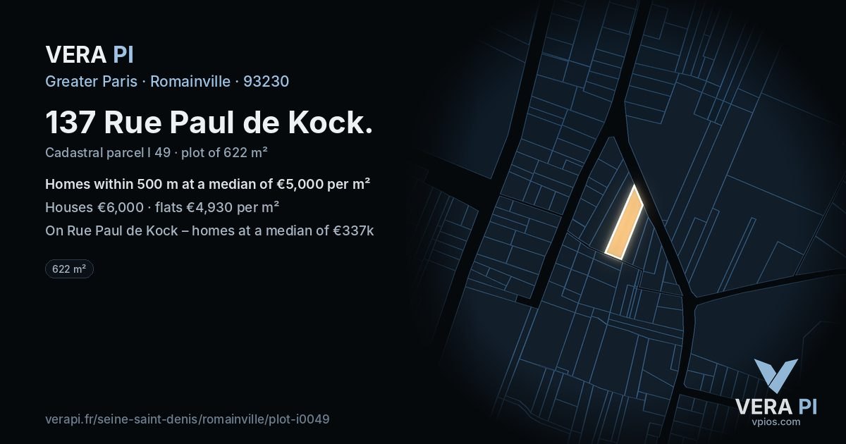 137 Rue Paul de Kock, Romainville at night – the plot lit, the parcels around coloured by the prices near them