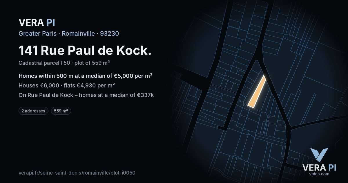141 Rue Paul de Kock, Romainville at night – the plot lit, the parcels around coloured by the prices near them