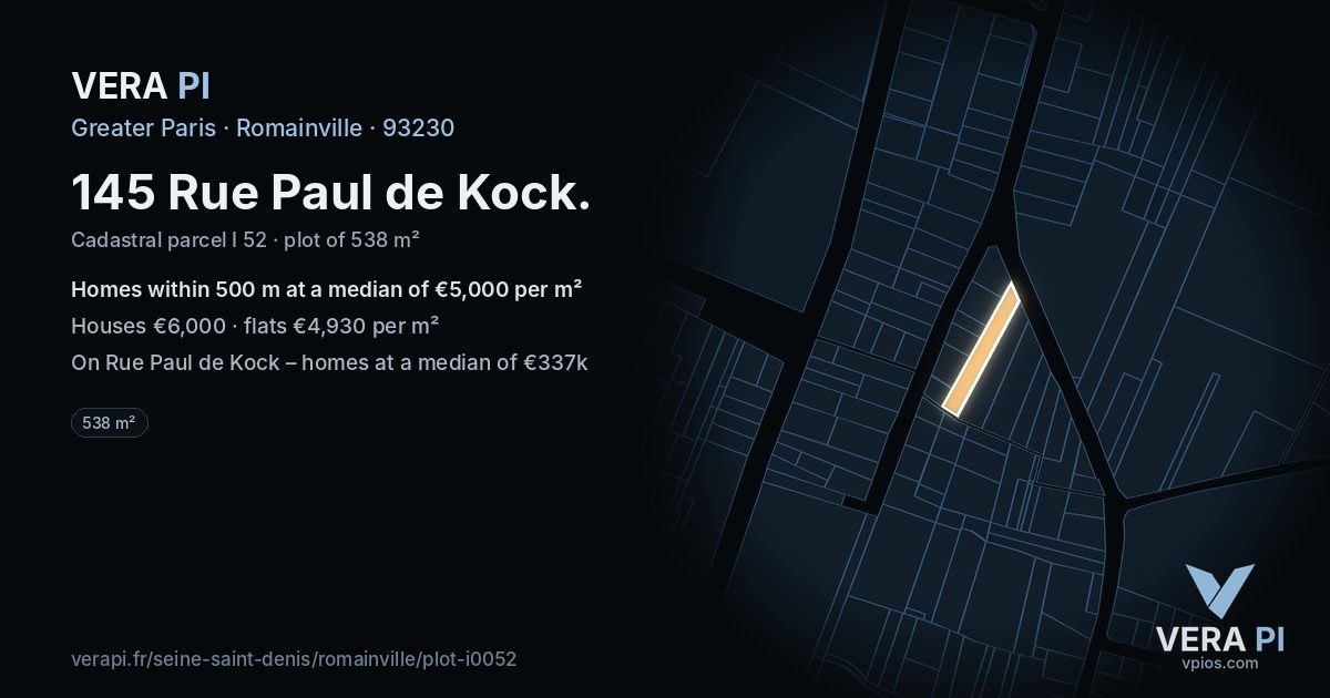 145 Rue Paul de Kock, Romainville at night – the plot lit, the parcels around coloured by the prices near them