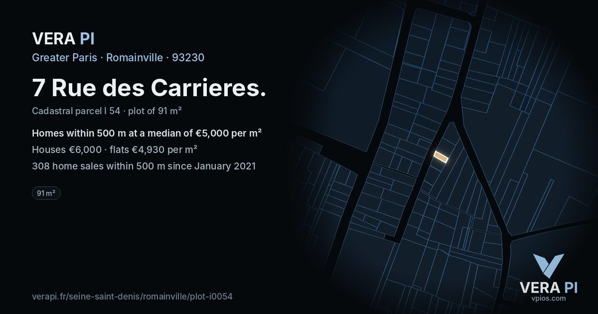 7 Rue des Carrieres, Romainville at night – the plot lit, the parcels around coloured by the prices near them