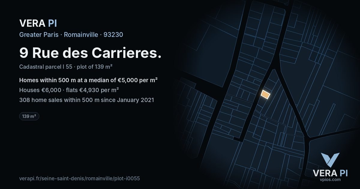 9 Rue des Carrieres, Romainville at night – the plot lit, the parcels around coloured by the prices near them