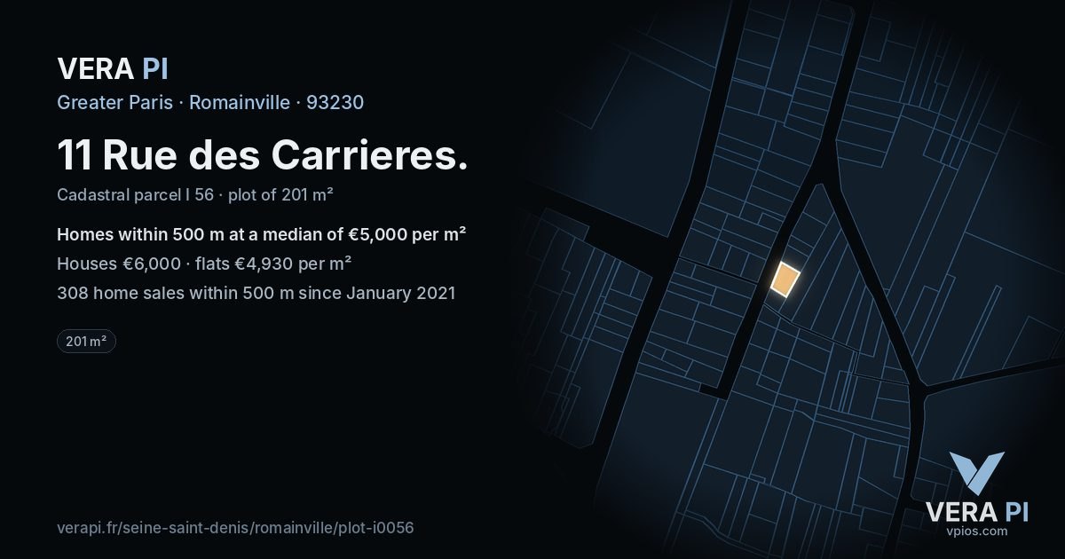 11 Rue des Carrieres, Romainville at night – the plot lit, the parcels around coloured by the prices near them