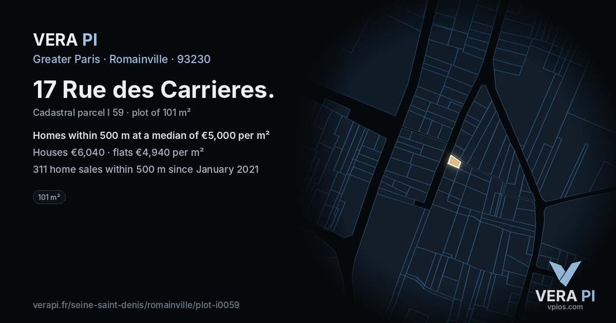 17 Rue des Carrieres, Romainville at night – the plot lit, the parcels around coloured by the prices near them