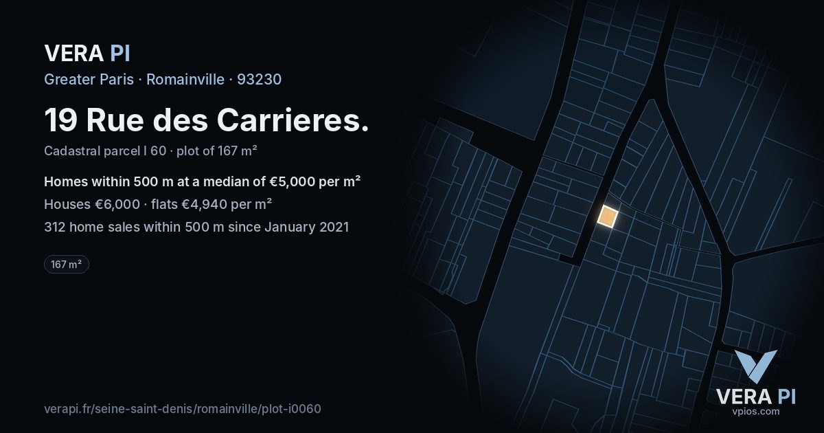 19 Rue des Carrieres, Romainville at night – the plot lit, the parcels around coloured by the prices near them