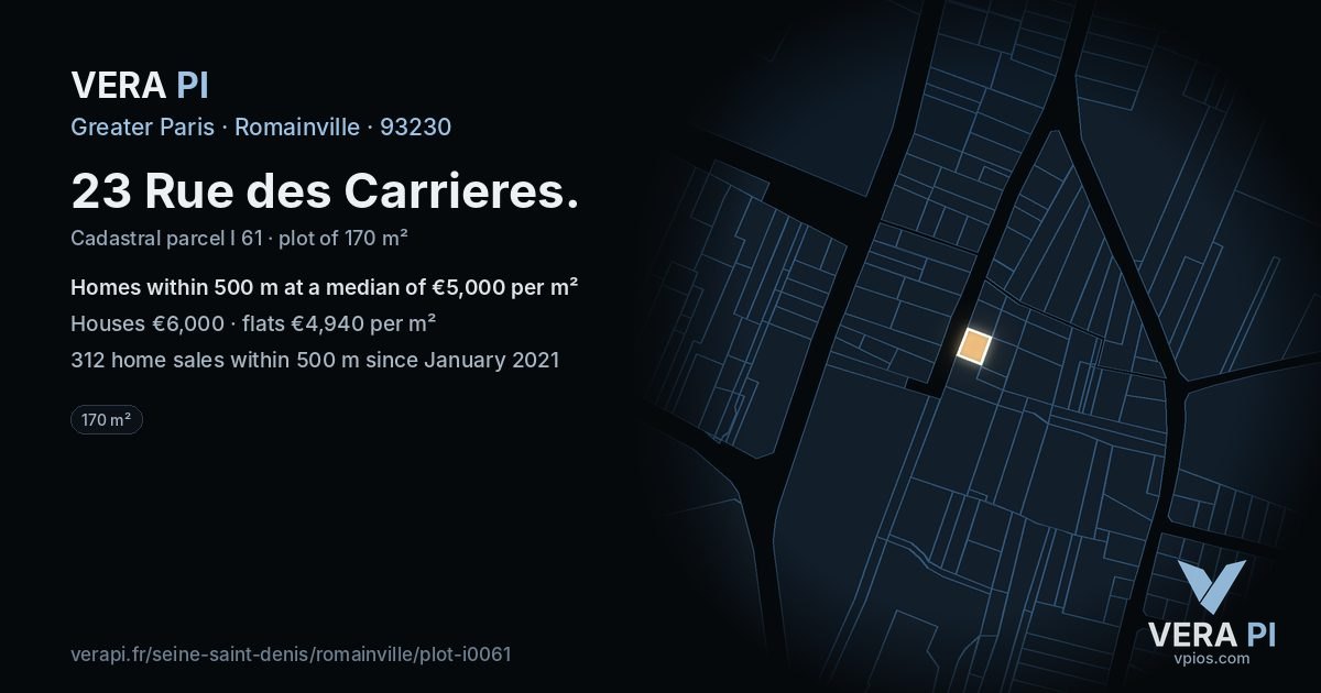 23 Rue des Carrieres, Romainville at night – the plot lit, the parcels around coloured by the prices near them
