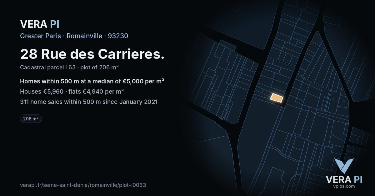 28 Rue des Carrieres, Romainville at night – the plot lit, the parcels around coloured by the prices near them
