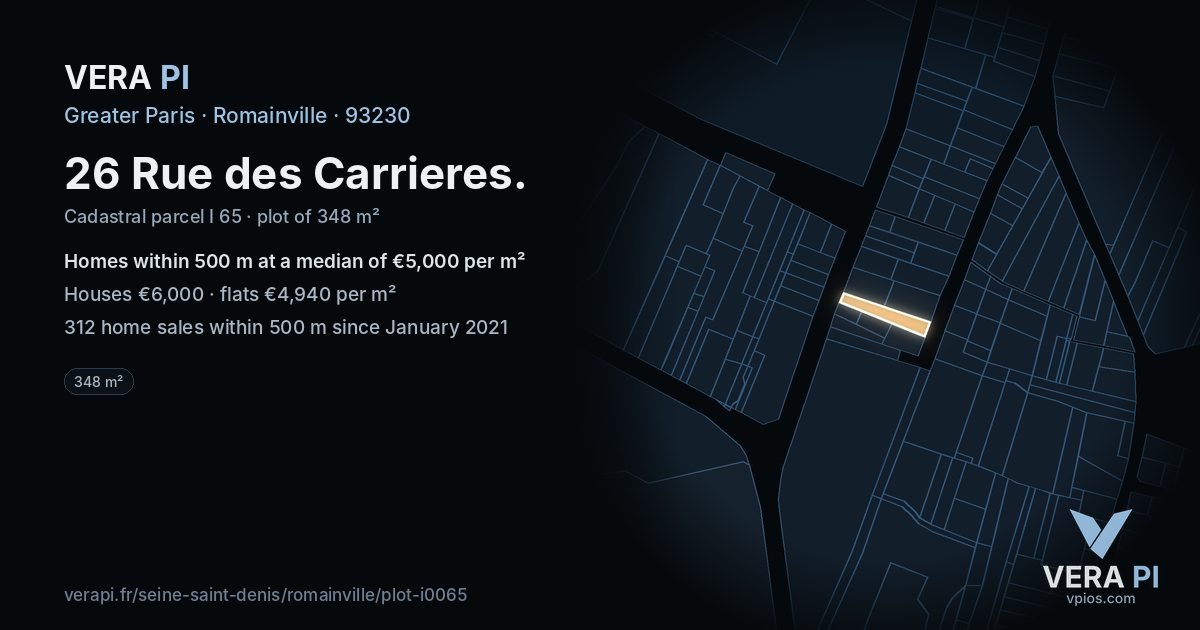 26 Rue des Carrieres, Romainville at night – the plot lit, the parcels around coloured by the prices near them