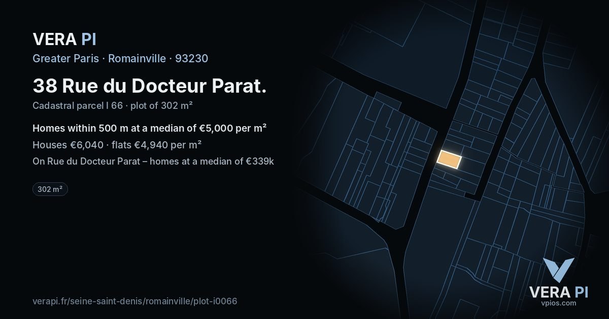 38 Rue du Docteur Parat, Romainville at night – the plot lit, the parcels around coloured by the prices near them