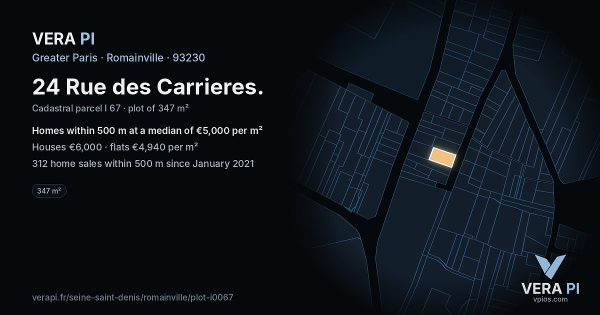 24 Rue des Carrieres, Romainville at night – the plot lit, the parcels around coloured by the prices near them