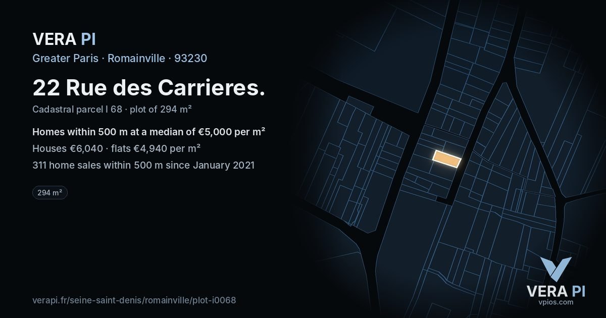 22 Rue des Carrieres, Romainville at night – the plot lit, the parcels around coloured by the prices near them
