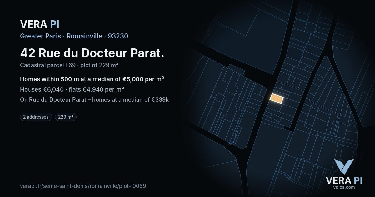 42 Rue du Docteur Parat, Romainville at night – the plot lit, the parcels around coloured by the prices near them