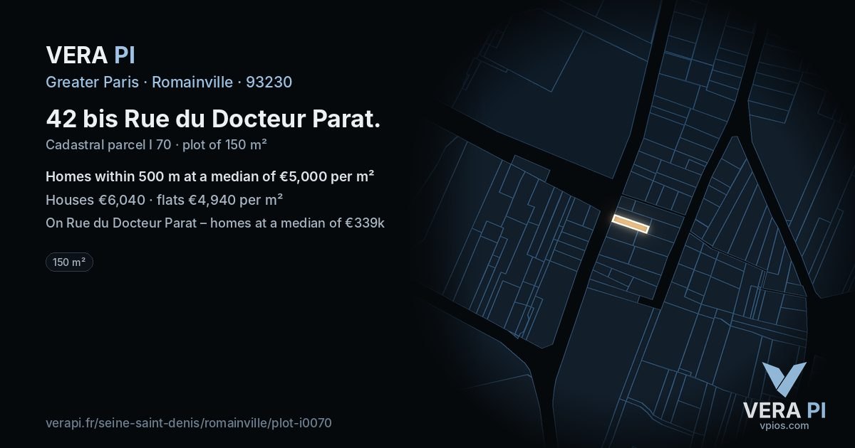 42 bis Rue du Docteur Parat, Romainville at night – the plot lit, the parcels around coloured by the prices near them