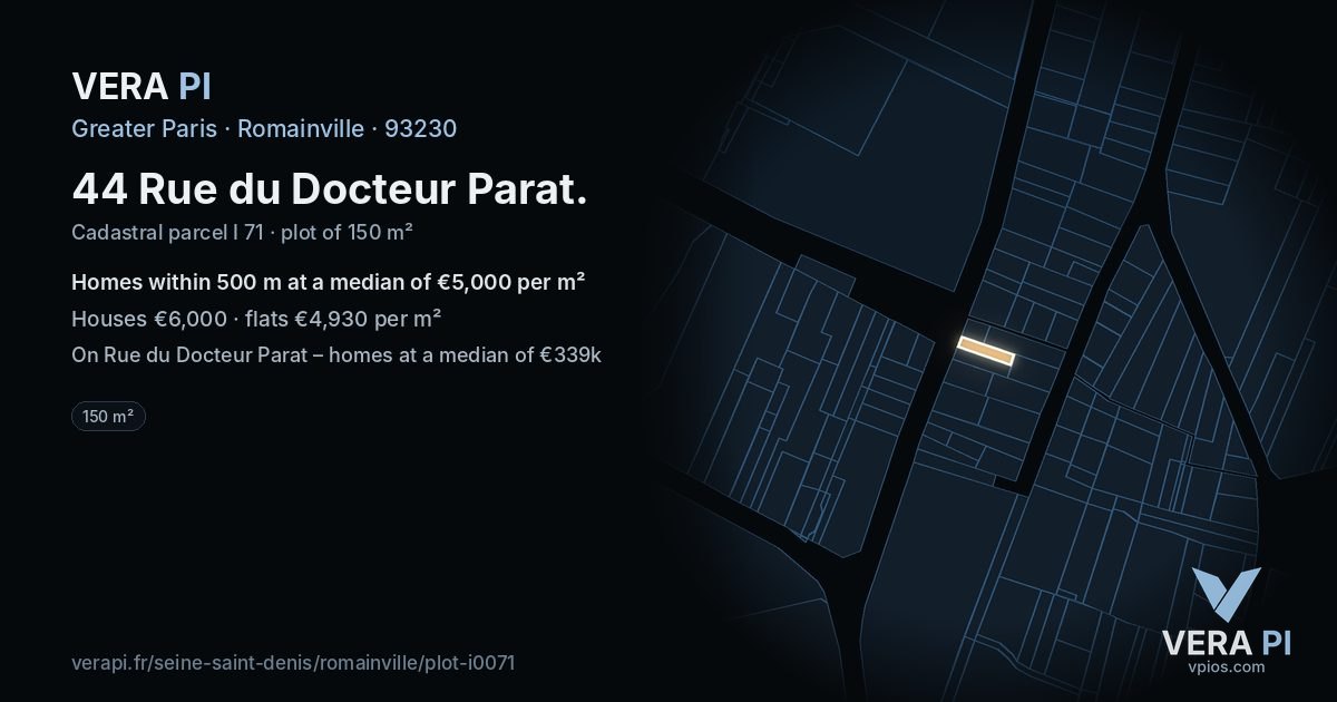 44 Rue du Docteur Parat, Romainville at night – the plot lit, the parcels around coloured by the prices near them