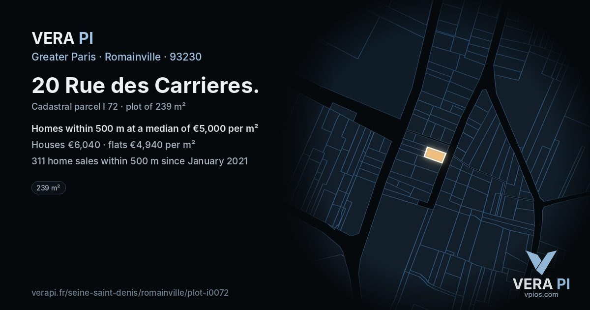 20 Rue des Carrieres, Romainville at night – the plot lit, the parcels around coloured by the prices near them