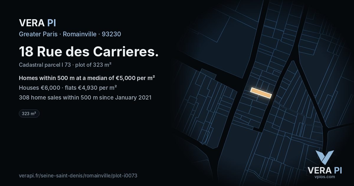18 Rue des Carrieres, Romainville at night – the plot lit, the parcels around coloured by the prices near them