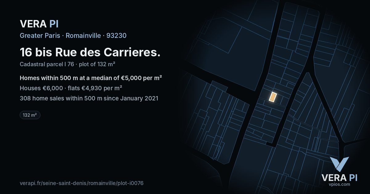 16 bis Rue des Carrieres, Romainville at night – the plot lit, the parcels around coloured by the prices near them