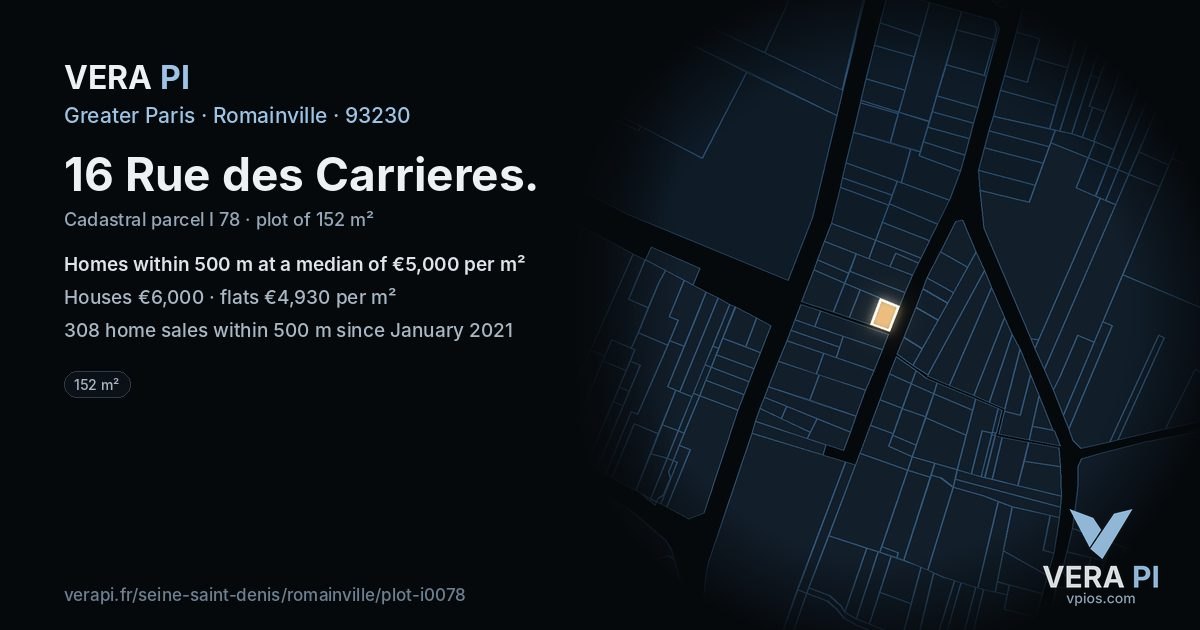16 Rue des Carrieres, Romainville at night – the plot lit, the parcels around coloured by the prices near them