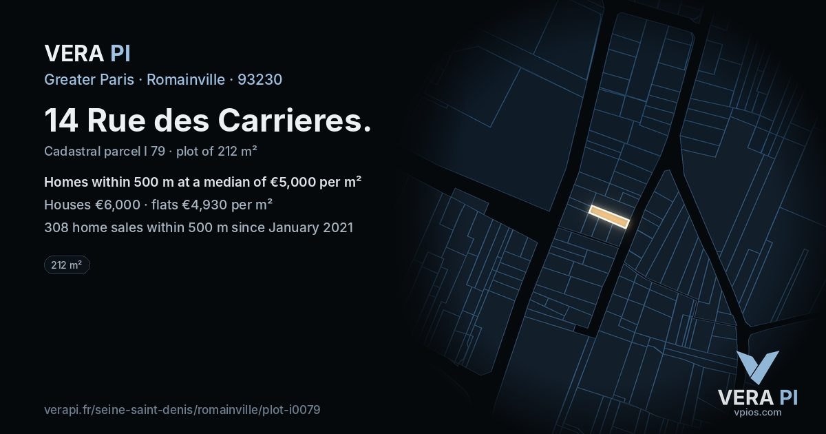 14 Rue des Carrieres, Romainville at night – the plot lit, the parcels around coloured by the prices near them