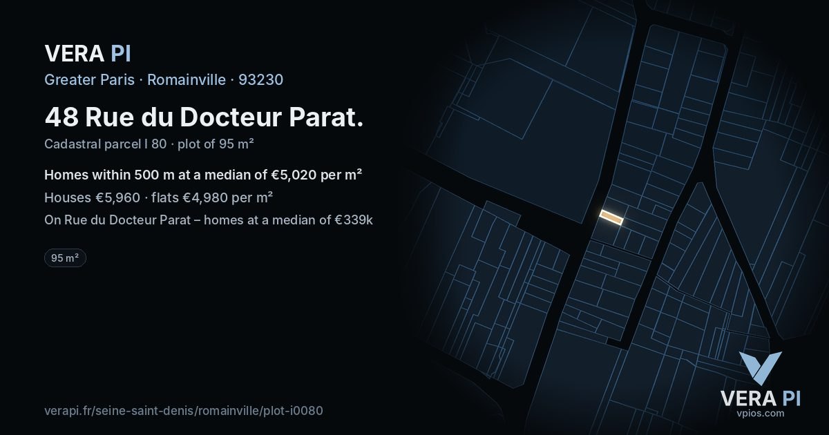 48 Rue du Docteur Parat, Romainville at night – the plot lit, the parcels around coloured by the prices near them
