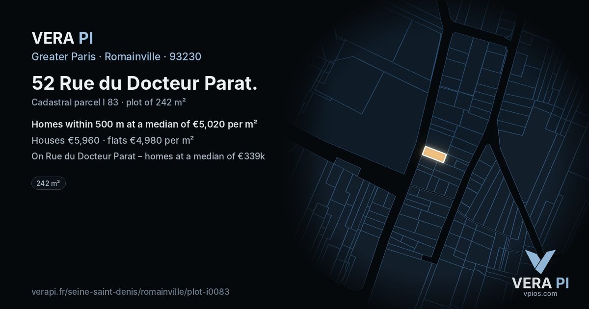 52 Rue du Docteur Parat, Romainville at night – the plot lit, the parcels around coloured by the prices near them