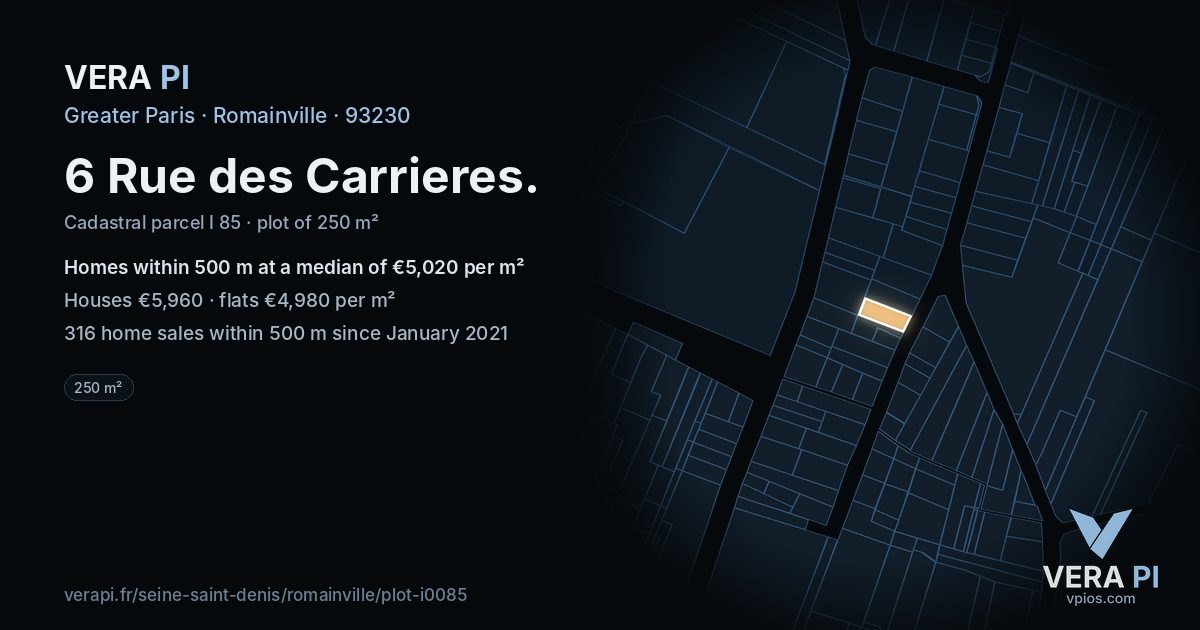 6 Rue des Carrieres, Romainville at night – the plot lit, the parcels around coloured by the prices near them