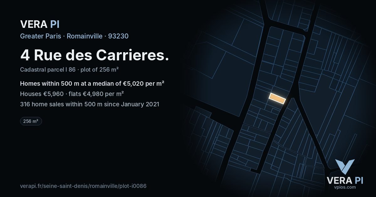4 Rue des Carrieres, Romainville at night – the plot lit, the parcels around coloured by the prices near them