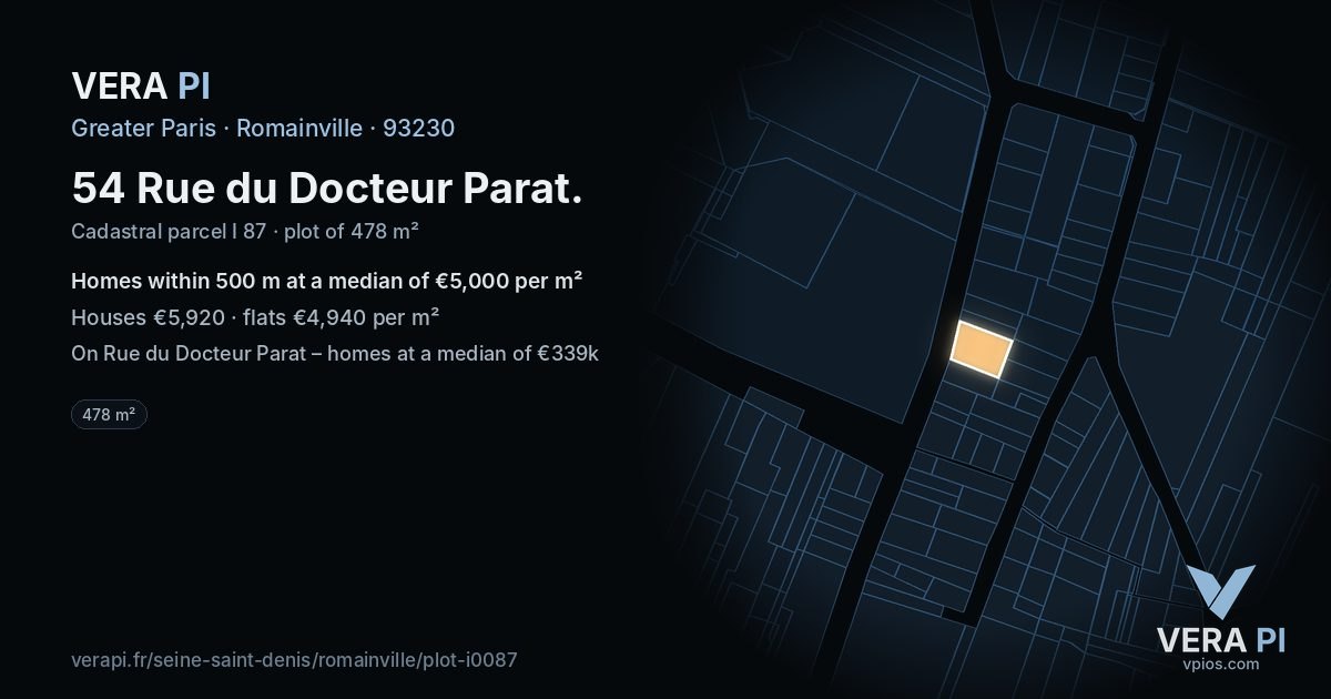 54 Rue du Docteur Parat, Romainville at night – the plot lit, the parcels around coloured by the prices near them