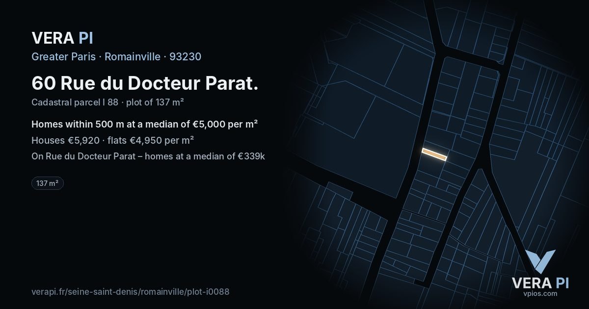 60 Rue du Docteur Parat, Romainville at night – the plot lit, the parcels around coloured by the prices near them